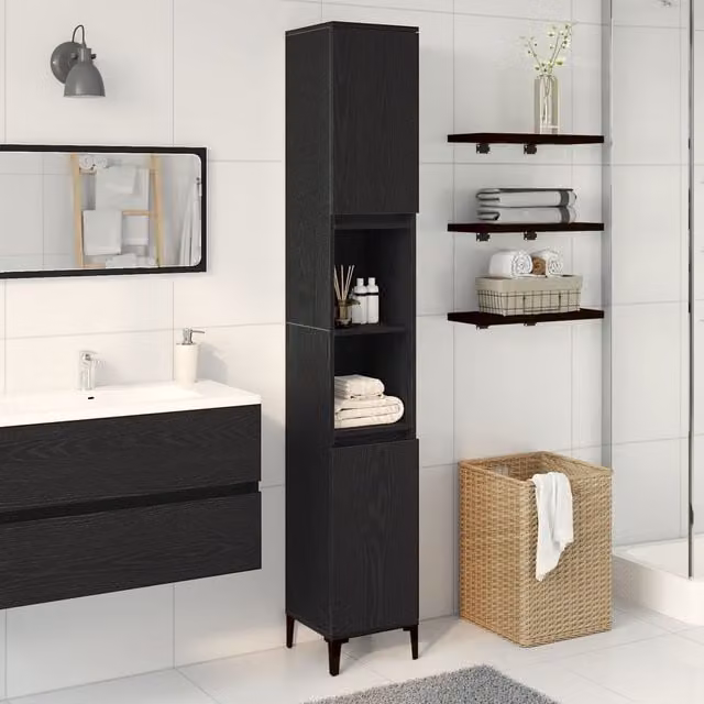 Berkfield Home Modern Black Oak Bathroom Cabinet with Internal Shelves, W/D/H: 30 x 30 x 190 cm