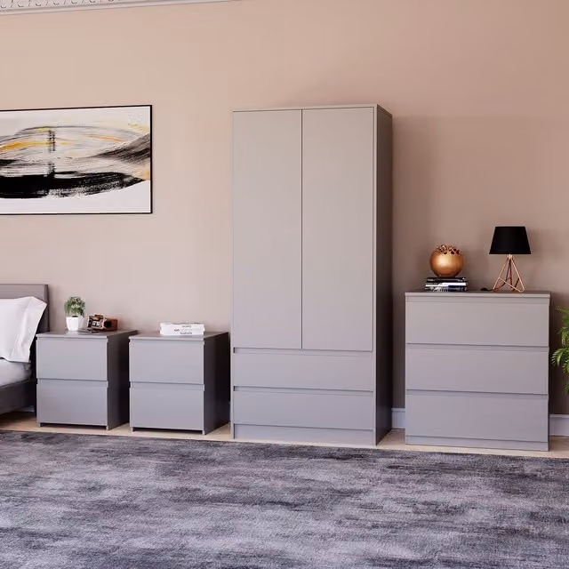 Vida Designs Denver 4 Piece Modern Grey Bedroom Set including Wardrobe, 3 Drawer Chest and 2 Nightstands