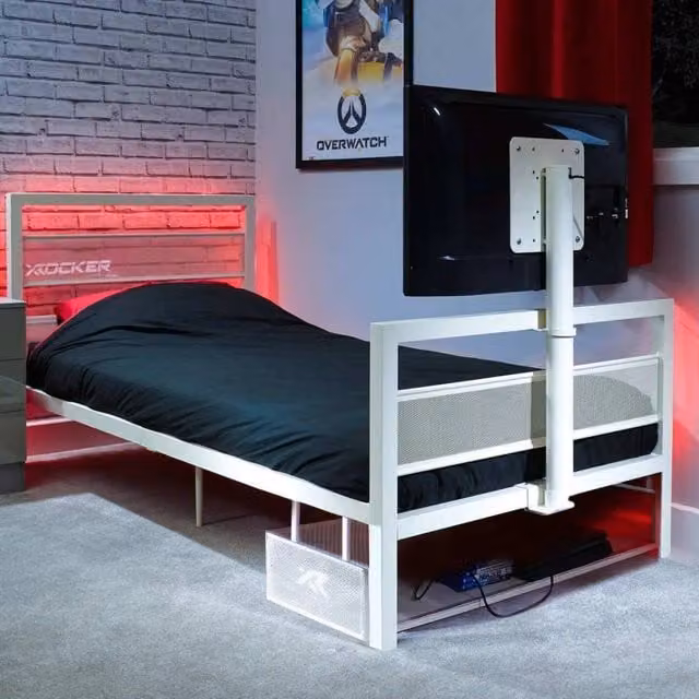 X Rocker Basecamp RGB Gaming TV Bed with App Controlled LED Lighting in White, Size: Single (90 x 200 cm)