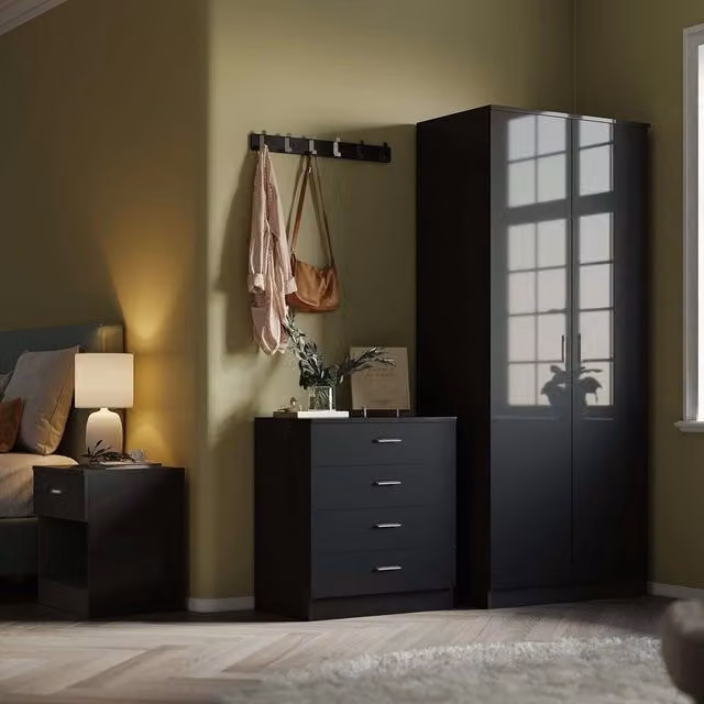 Comfy Living Modern Glossy Black Bedroom Furniture Set Including Wardrobe, Chest of Drawers and Nightstand