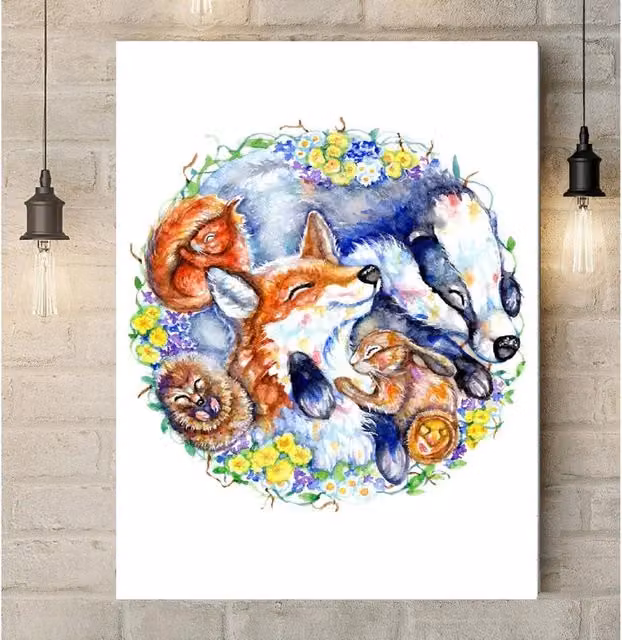 BebesArts Woodland Friends Afternoon Nap Canvas Wall Art, Multicolour, W: 60.96 cm, H: 40.64 cm