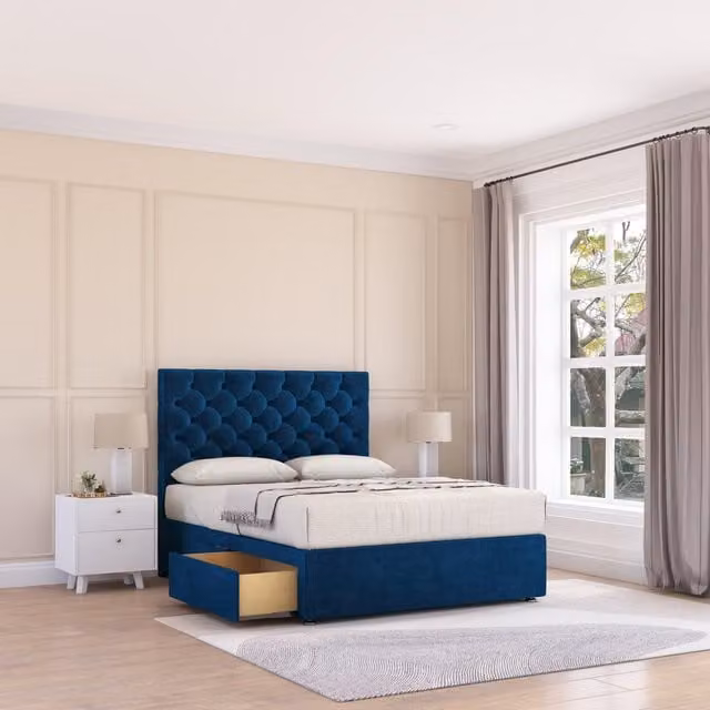 Sloomy Mayfair Plush Velvet Hybrid Bed Set with 2 Drawers, Mattress and Headboard in Blue, Size: 140 x 200 cm