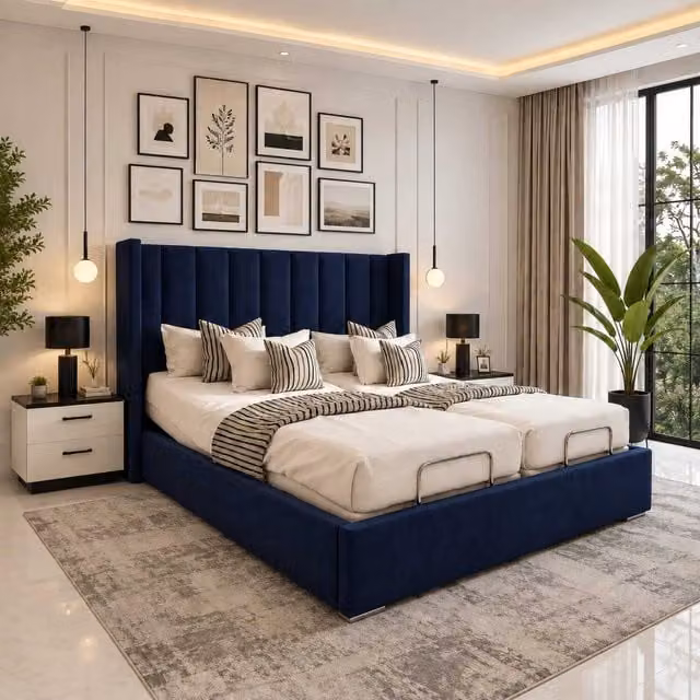 Swan Electric Adjustable Bed with Foam Mattress, Upholstered Headboard and Footboard in Blue and Silver Velvet