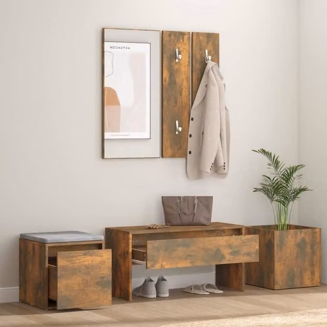 Berkfield Home Industrial Hallway Furniture Set in Smoked Oak Brown, including Bench, Mirror and Panel