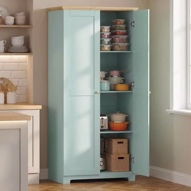 HOMCOM Modern Wooden Tall Storage Cabinet in Light Green with 4 Internal Shelves