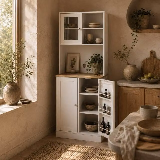 Wyld Haus Tabetti Modern White Kitchen Storage Tall Unit with Glass Doors, W/D/H: 60.0 x 35.0 x 169.0 cm