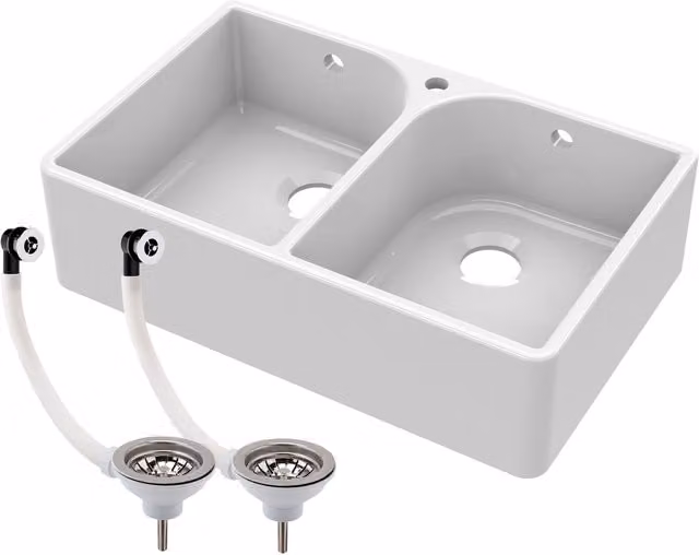 Balterley White Ceramic 2 Bowl Fireclay Butler Sink with Full Wastes Weir, W: 79.5 cm, D: 50 cm, H: 22 cm