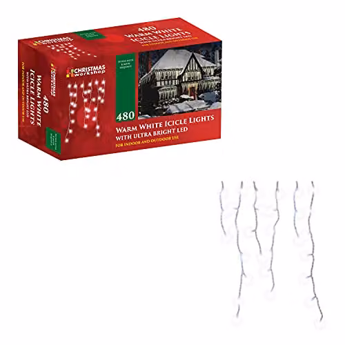 The Christmas Workshop Warm White Icicle LED Christmas Lights, Mains Powered with 8 Functions for Indoor or Outdoor Use, 480 LEDs