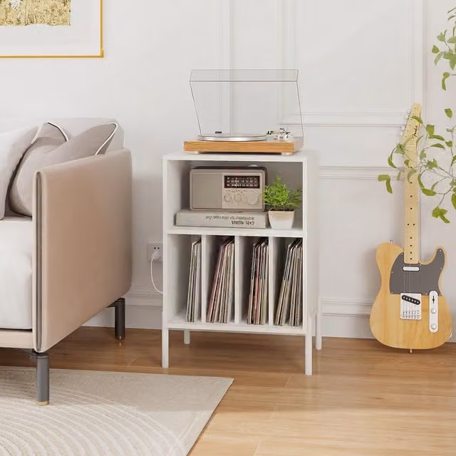 COSTWAY Modern White Vinyl Record Holder with Back Panel and Media Compartments