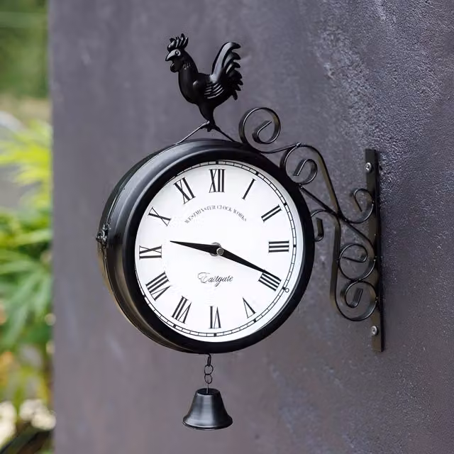 Primrose Double Sided Station Wall Clock with Bell Cockerel in Black Metal, Diameter: 30 cm