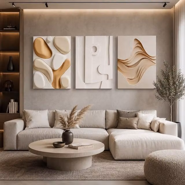 Mafett Set of 3 Beige Abstract Canvas Wall Art Modern Neutral Prints, W: 59 cm, H: 84 cm