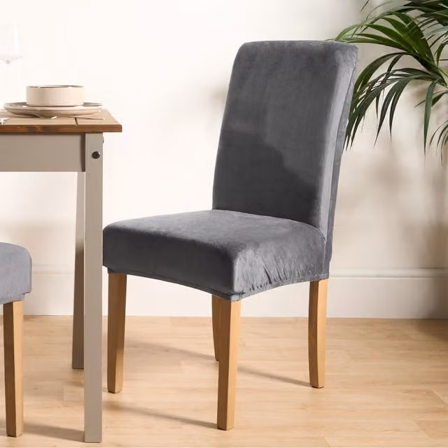 OHS Velvet Elastic Stretch High Back Dining Chair Protector Cover in Grey