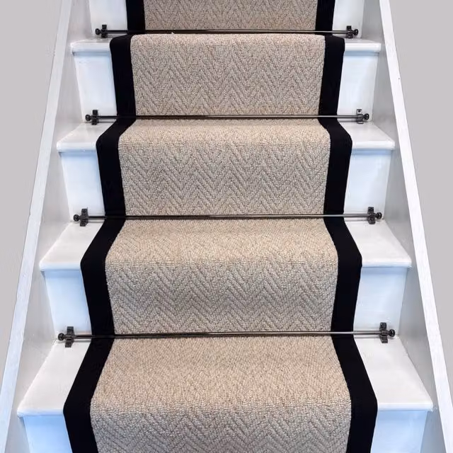 RainbowHome Keswick Herringbone Stair Runner in Cream Fleck with Black Cotton Border, Beige, W: 55 cm, L: 700 cm