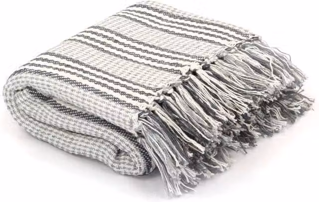 Berkfield Home Striped Cotton Throw with Fringes, Grey and White, W/D/H: 220 x 250 cm