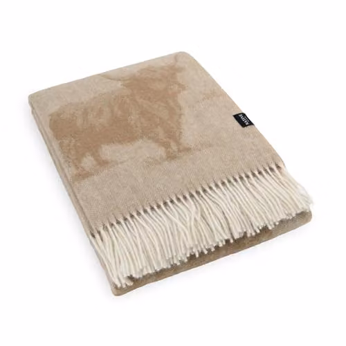Simply Sheepskin Highland Cow Beige Jacquard Woven New Zealand Wool Blanket, W: 140 cm, D: 200 cm