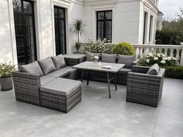 Fimous 8 Seater Dark Grey PE Rattan Garden Dining Set with Rectangular Table and Armchairs