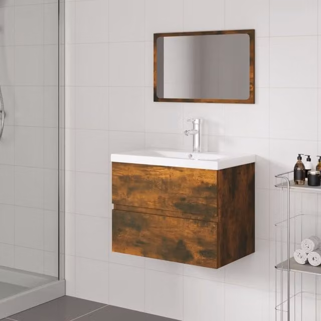Berkfield Home Bathroom Furniture Set in Smoked Oak Brown featuring Vanity Unit and Mirror Cabinet