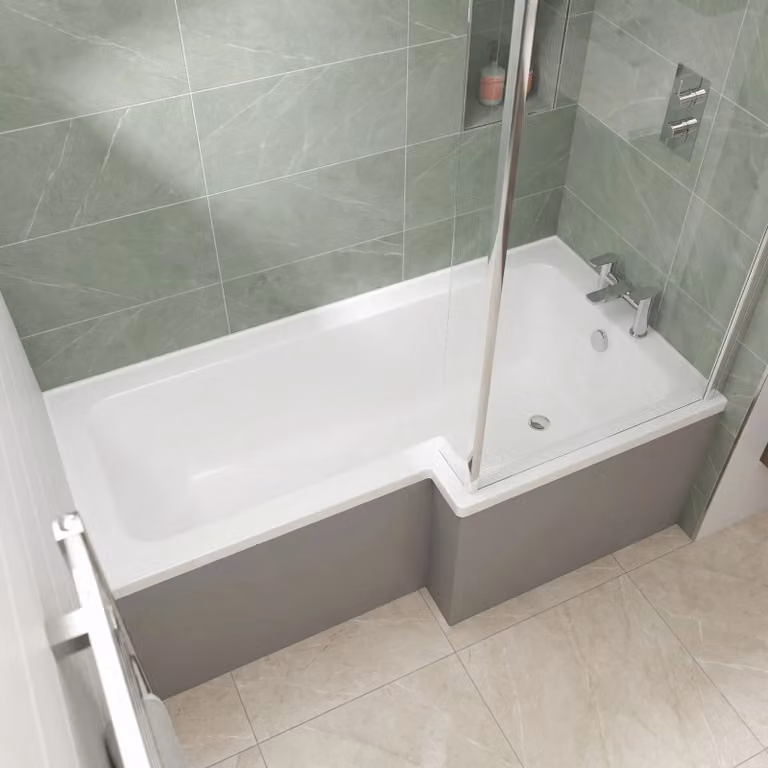 Balterley Modern Asymmetric Right Hand L Shape Shower Bath with Leg Set, White, W/D/H: 149.8 x 85.5 x 40 cm