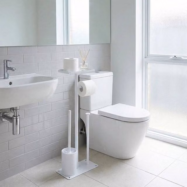 Kelvenix 4-in-1 Freestanding White Metal Toilet Paper Holder with Spare Roll Holder and Brush