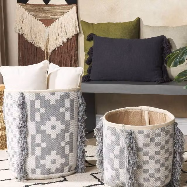 Wyld and Coco Set of 2 Open Weave Cotton Storage Baskets in White and Grey