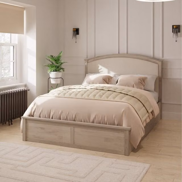 GFW Madrid Ottoman Bed with Fabric Headboard in Beige and Oak, W/D/H: 180 x 200 cm