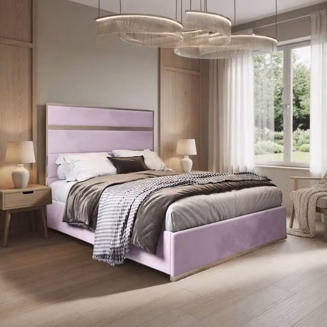 KDMD Horringer Double Bed Frame in Pink Soft Velvet with Metal Designer Upholstered Frame, W/D/H: 140 x 200 cm