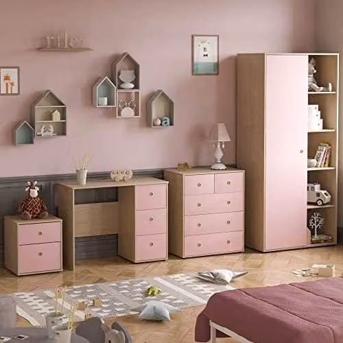 Junior Vida 4 Piece Childrens Bedroom Furniture Set in Pink and Oak