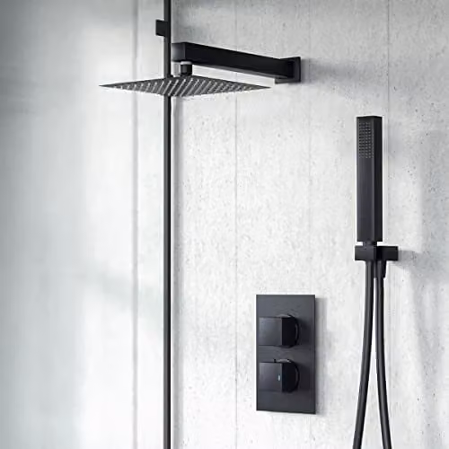 Nes Home Matte Black 2 Dial 2 Way Thermostatic Mixer Valve Shower Set with Overhead Shower and Handset