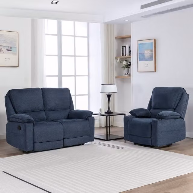 More4Homes Sydney Blue Fabric 1 and 2 Seater Recliner Sofa Set with Armrests and Cup Holders