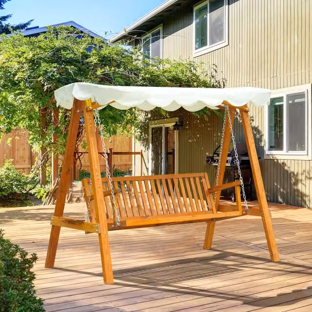Outsunny 3 Seater Wooden Swing Chair with Sun Canopy in Cream