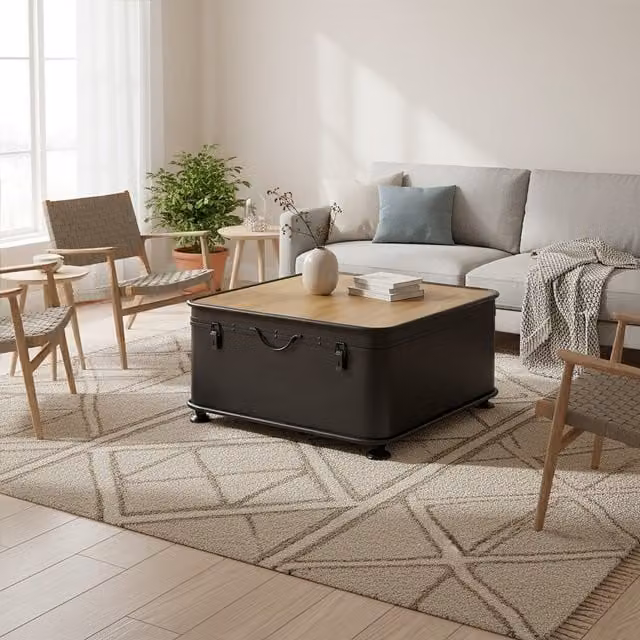 Fifty Five South Orsina Square Industrial Coffee Table with Storage and Hinged Top in Black