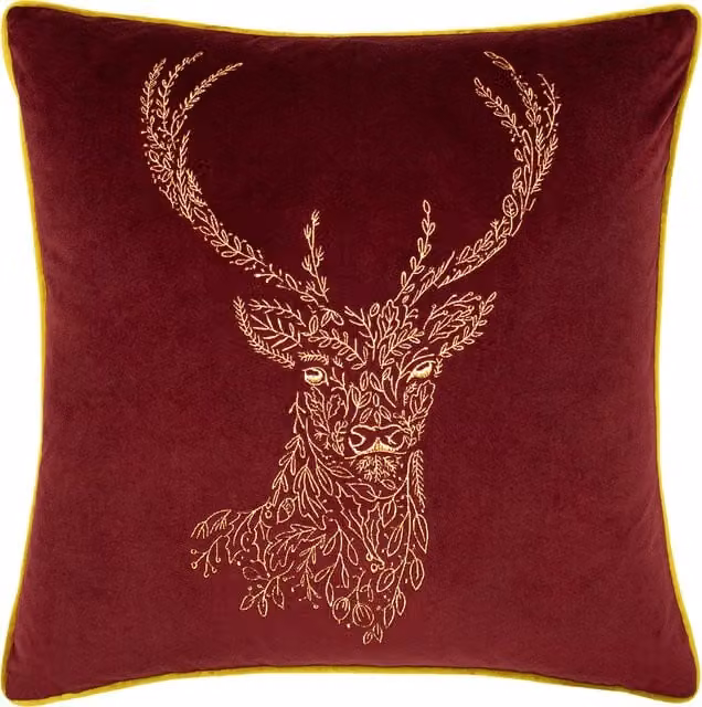 Make it a Home Forest Fauna Stag Velvet Piped Cushion in Burgundy and Gold