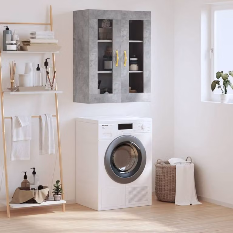 Berkfield Home Wall Mounted Cabinet in Concrete Grey with Glass Doors, W: 69.5 cm, D: 34 cm, H: 90 cm