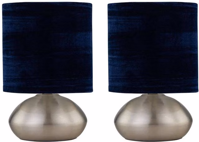 First Choice Lighting Jenson Set of 2 Brushed Chrome Touch Table Lamps with Blue Fabric Shades