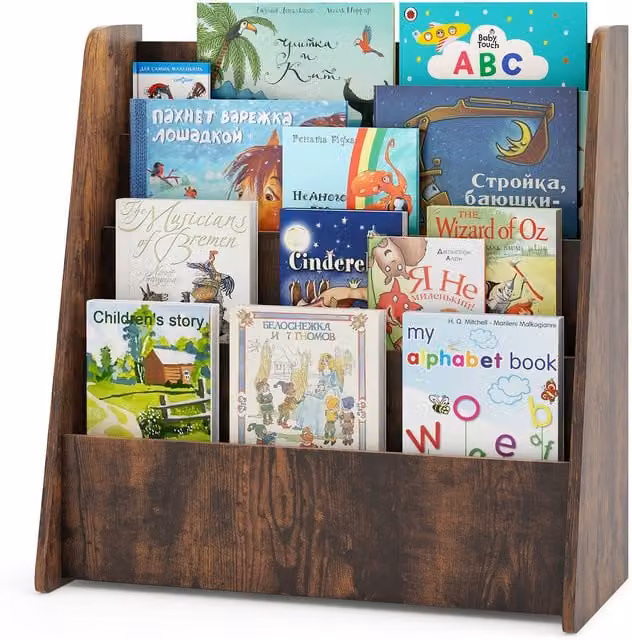 COSTWAY 4 Tier Kids Ladder Display Bookcase in Brown