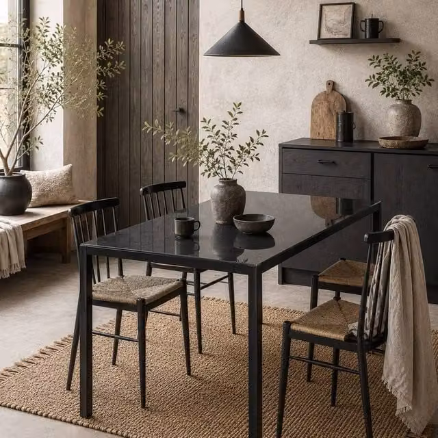 Wyld Haus Tasefi Black Rectangular Tempered Glass Dining Table, 4 Seater, Width: 120 cm