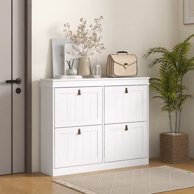 HOMCOM Modern Slim White Shoe Cabinet with Tilting Compartments and Internal Shelves for your Hallway