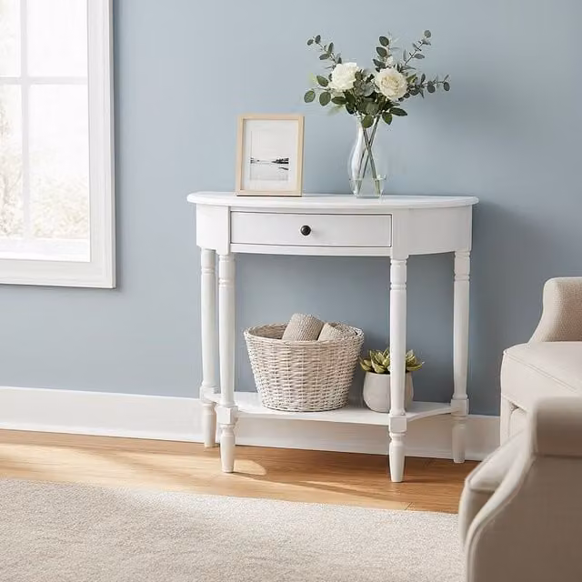 Orsina Rounded Pine Wood Console Table with One Rectangular Drawer, White, W/D/H: 81 x 33 x 78 cm