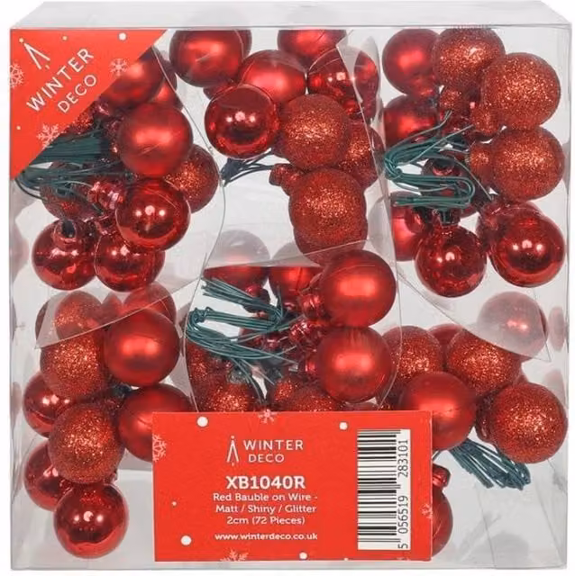 KDMD Red Round Christmas Baubles on Wire with Matt and Shiny Glitter Finish, 72 Pack
