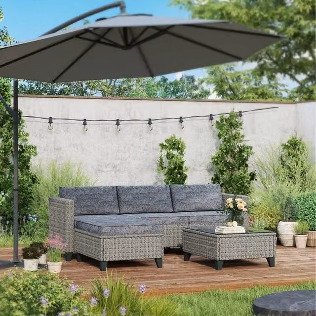 Outsunny 5 Piece L-Shape Rattan Garden Furniture Set with Cushions in Grey