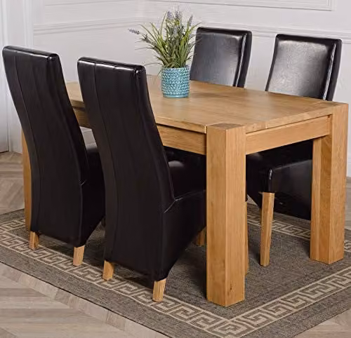Thats Furniture Kuba Oak Dining Table and 4 Lola Black Leather Chairs Set, W: 150 cm, D: 85 cm, H: 78 cm