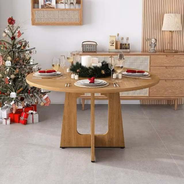 Rolipo Round Farmhouse Dining Table in Brown Oak Finish, Diameter: 119.38 cm, Height: 76 cm