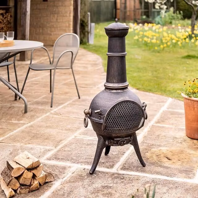 mysmartbuy Grande Clasico Chiminea Bronze Metal Outdoor Garden Wood Burner Fire Pit, H 112 cm x Diameter: 50 cm