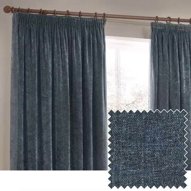 Make It A Home Heavy Chenille Velvet Pencil Pleat Curtains in Blue, Width: 183 cm, Height: 183 cm
