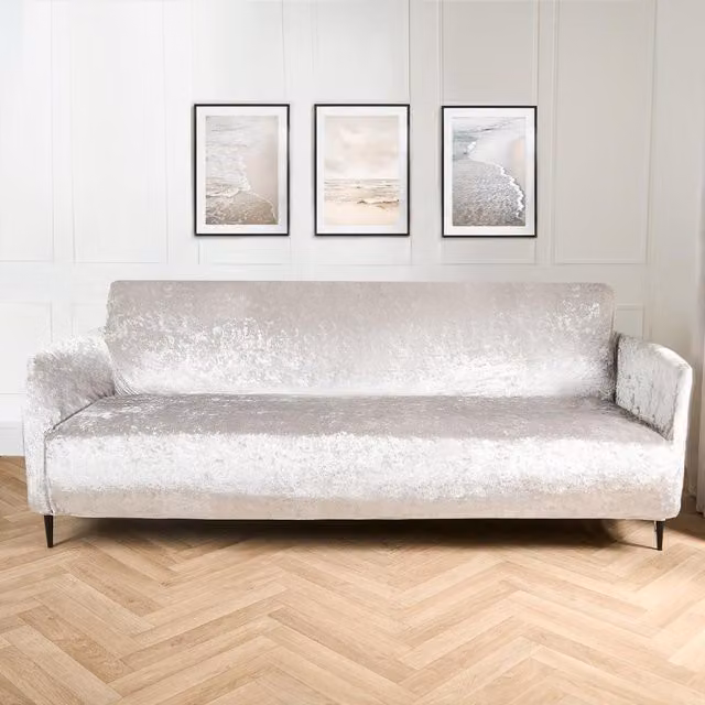 OHS Crushed Velvet Stretch 2 Seater Sofa Protector Cover in Silver