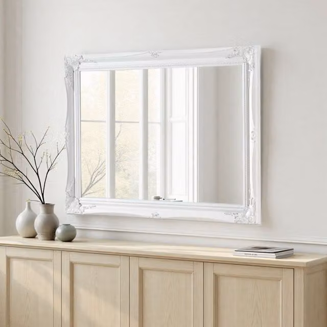 Yearn Classic French Style Carved Rectangular Wall Mirror in White, W: 90 cm, H: 65 cm