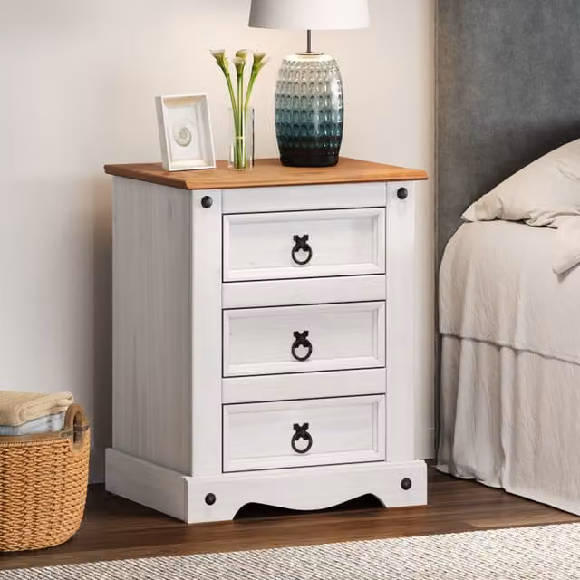 Mercers Furniture Corona Medium 3 Drawer Bedside Cabinet in Distressed White Wax Solid Pine Wood
