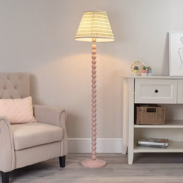 ValueLights Bobbins Rose Floor Lamp with Tapered Pleated Fabric Shade and LED Bulb in Pink