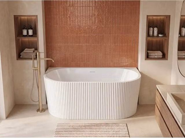 Vente-unique Asymmetric Textured Semi Freestanding Acrylic Bathtub in Glossy White, W/D/H: 149 x 75 x 58 cm