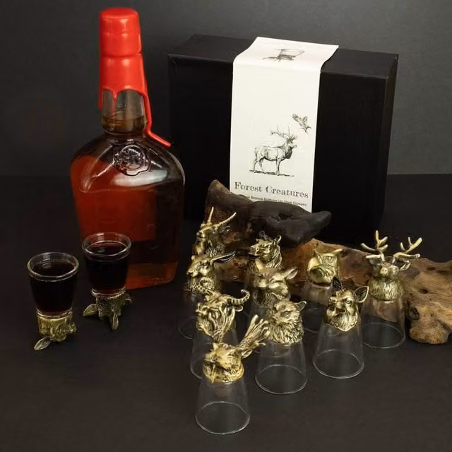 Serenityy Gift Set of 12 Forest and Mystical Creatures Shot Glasses, 25ml, Bronze and Transparent